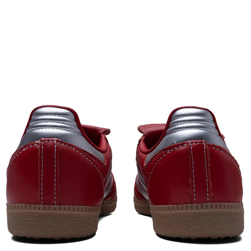 Womens Samba Long Tongue Better Scarlet Silver Metallic Gum