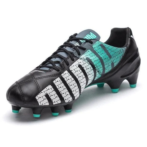 PUMA evoSPEED 13 Leather FG Firm Ground Soccer Cleats Black White Pool Green