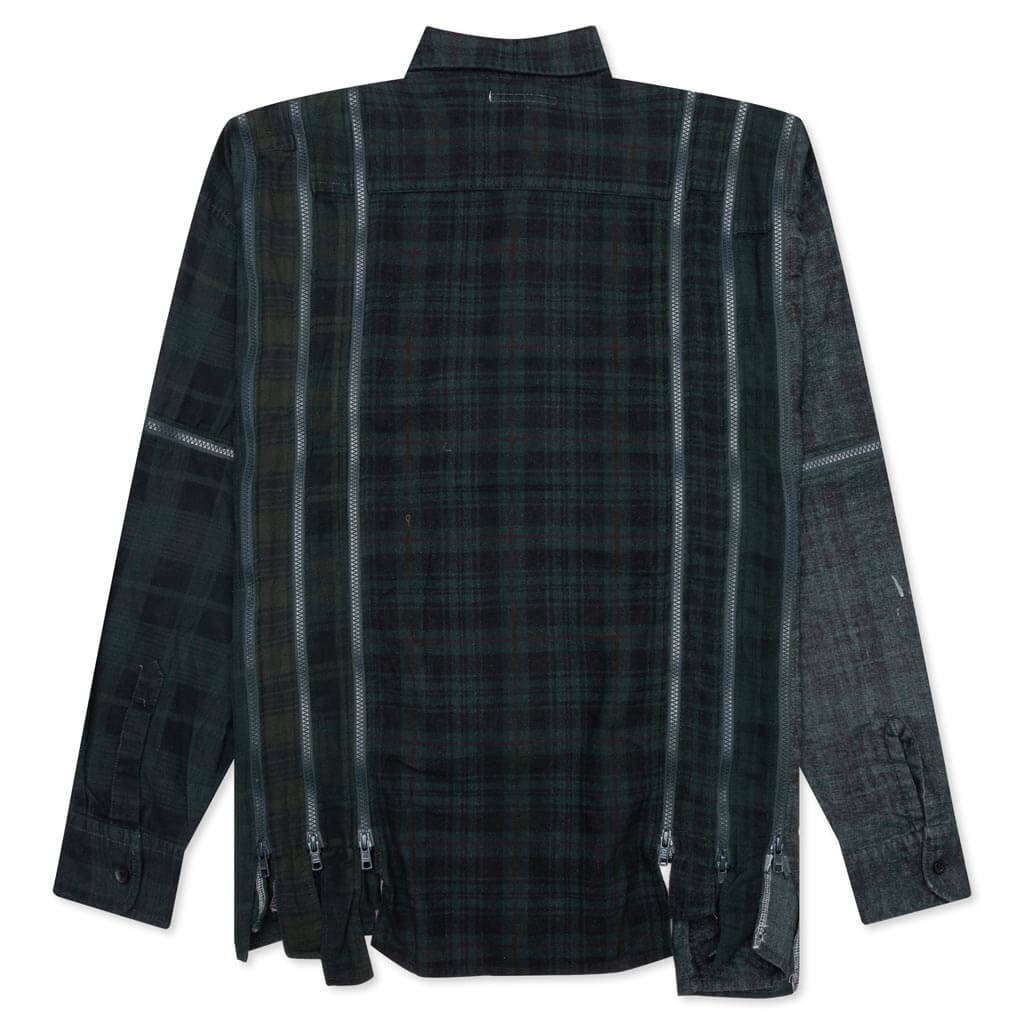 Flannel Shirt 7 Cuts Zipped Wide Shirt Over Dye Green