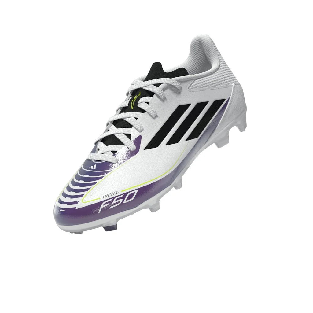 adidas Kids F50 League FG MG Messi Multi Ground Soccer Cleats White Black Purple