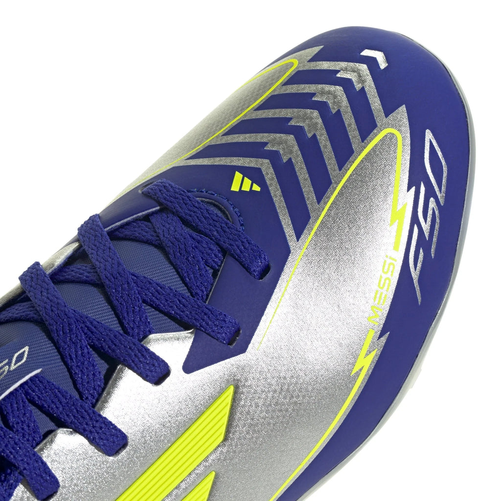 adidas F50 League Messi Firm Multi Ground Boots Junior Silver Metallic Solar Yellow Lucid Blue