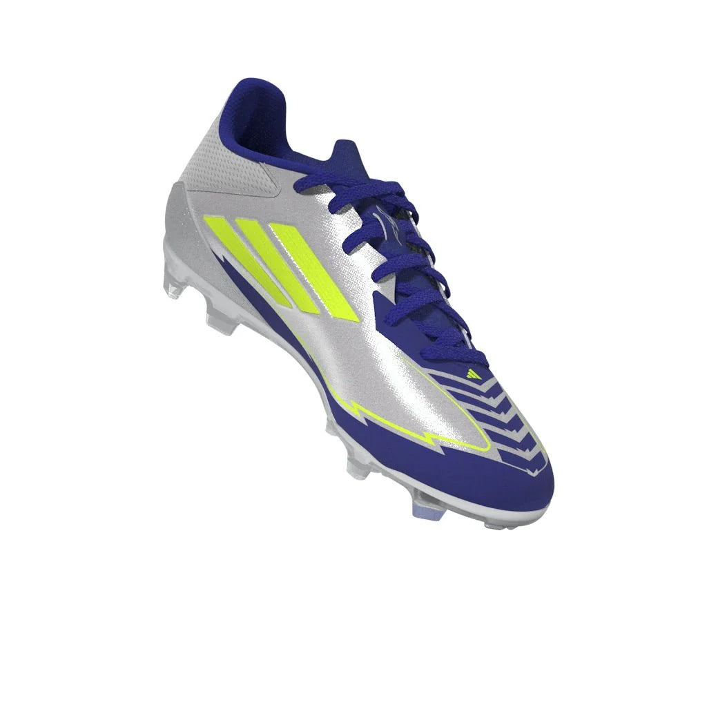 adidas F50 League Messi Firm Multi Ground Boots Junior Silver Metallic Solar Yellow Lucid Blue
