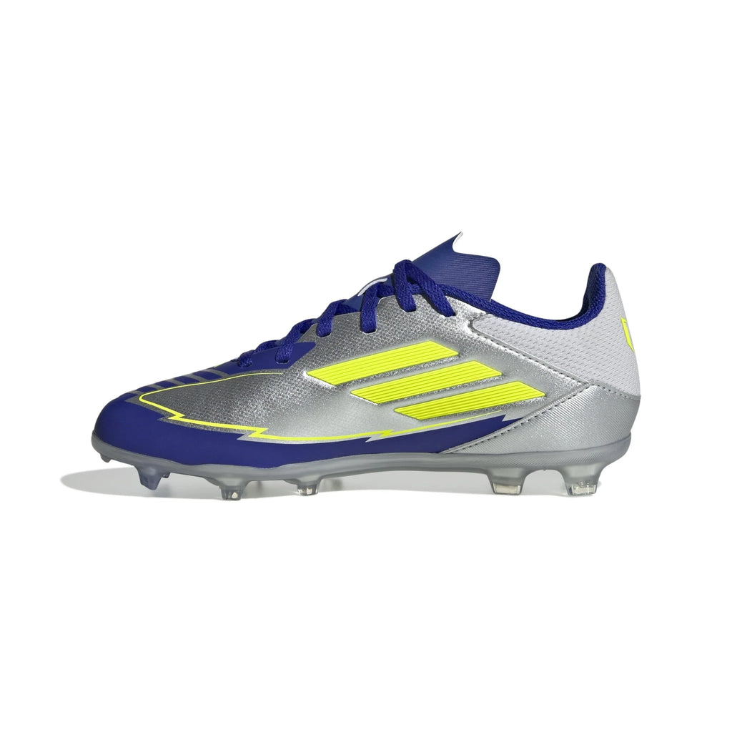 adidas F50 League Messi Firm Multi Ground Boots Junior Silver Metallic Solar Yellow Lucid Blue