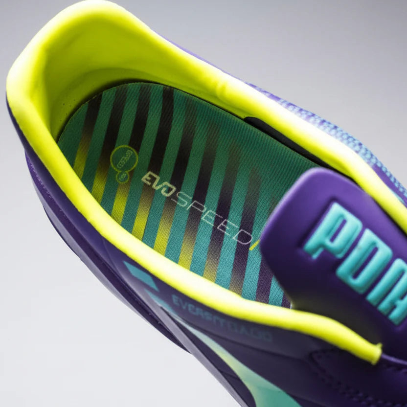 PUMA Evospeed 13 FG Firm Ground Soccer Cleats Prism Violet Fluro Yellow Scuba Blue