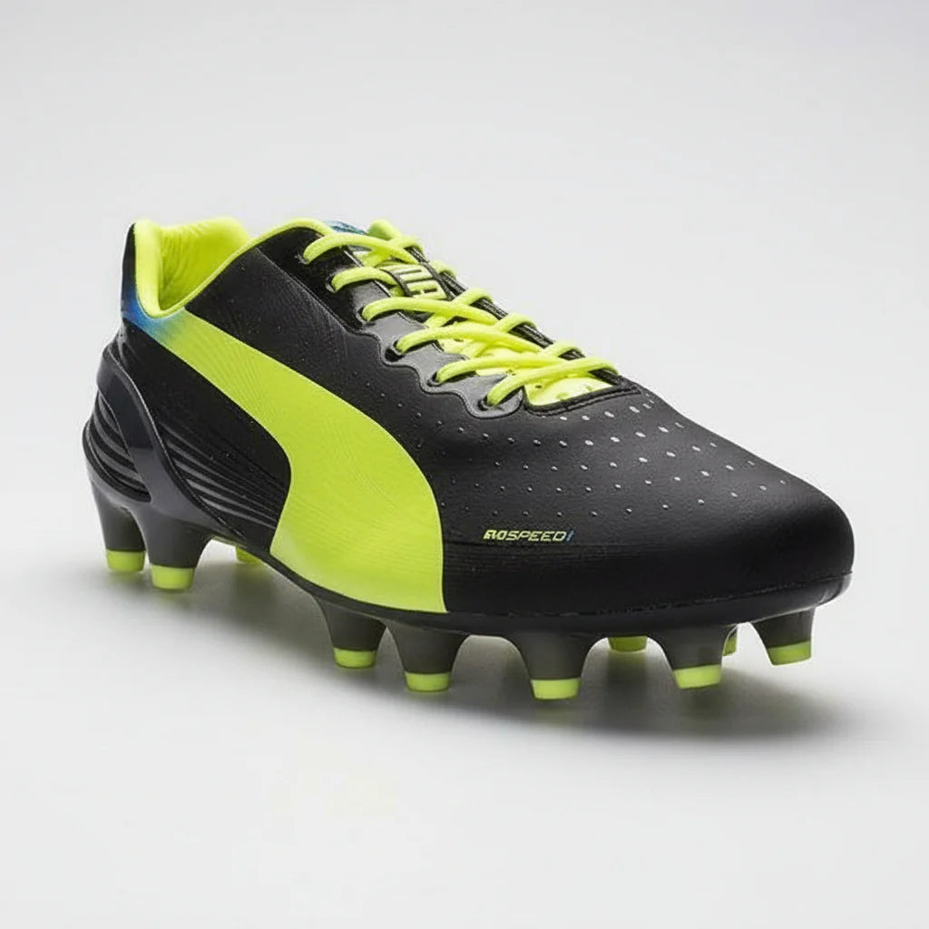 PUMA Evospeed 12 FG Firm Ground Soccer Cleats Black Fluo Yellow Brilliant Blue