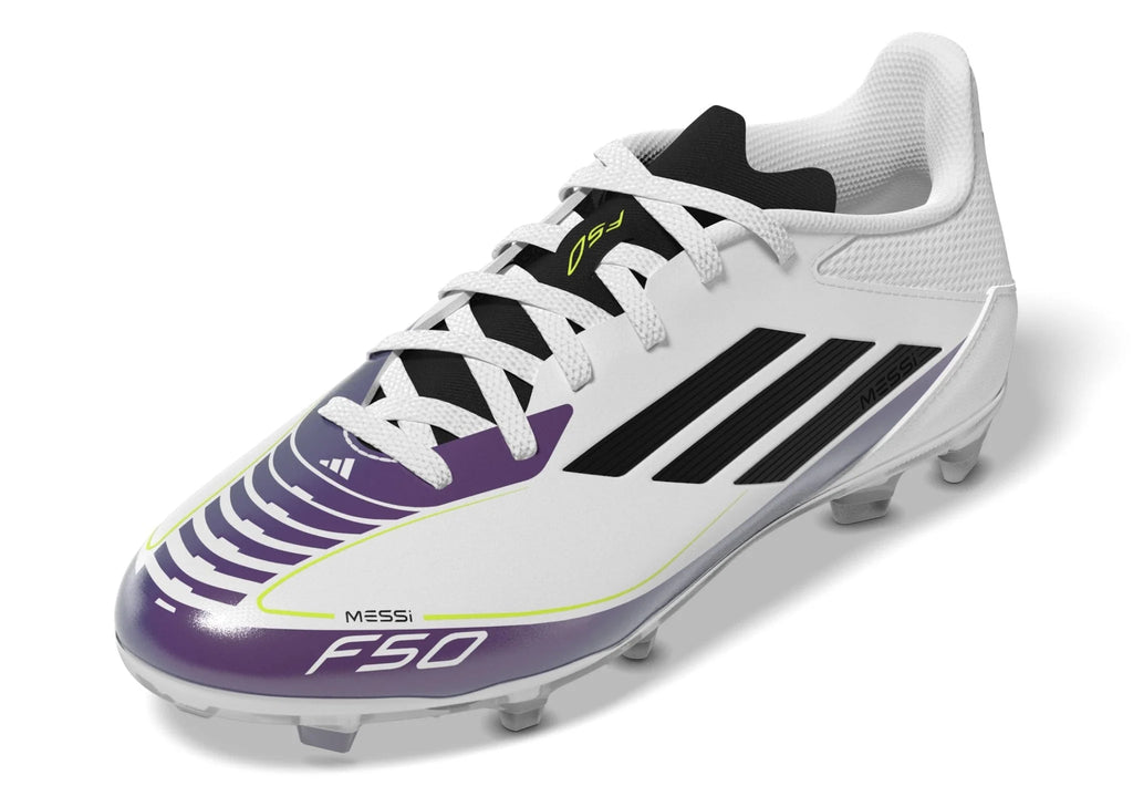adidas Kids F50 League FG MG Messi Multi Ground Soccer Cleats White Black Purple