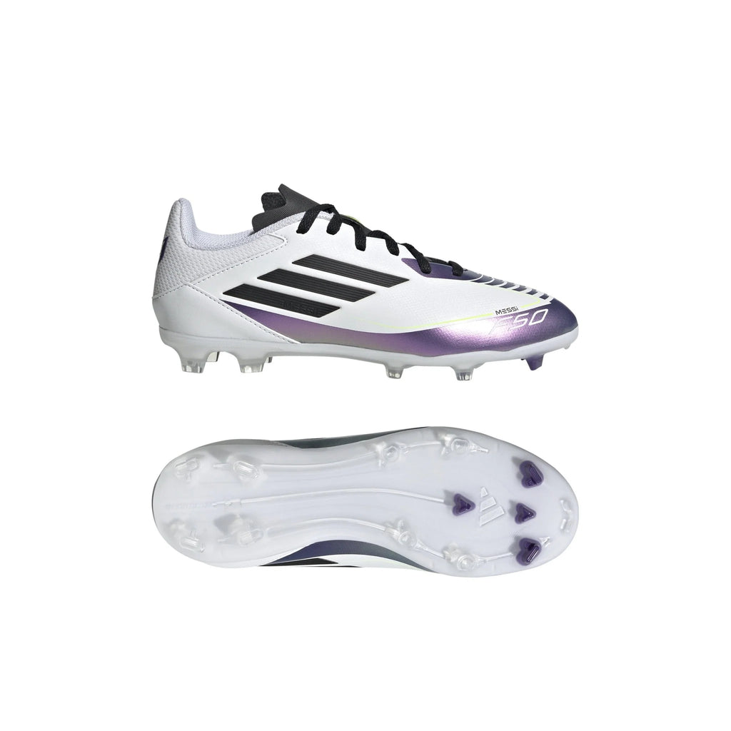 adidas Kids F50 League FG MG Messi Multi Ground Soccer Cleats White Black Purple
