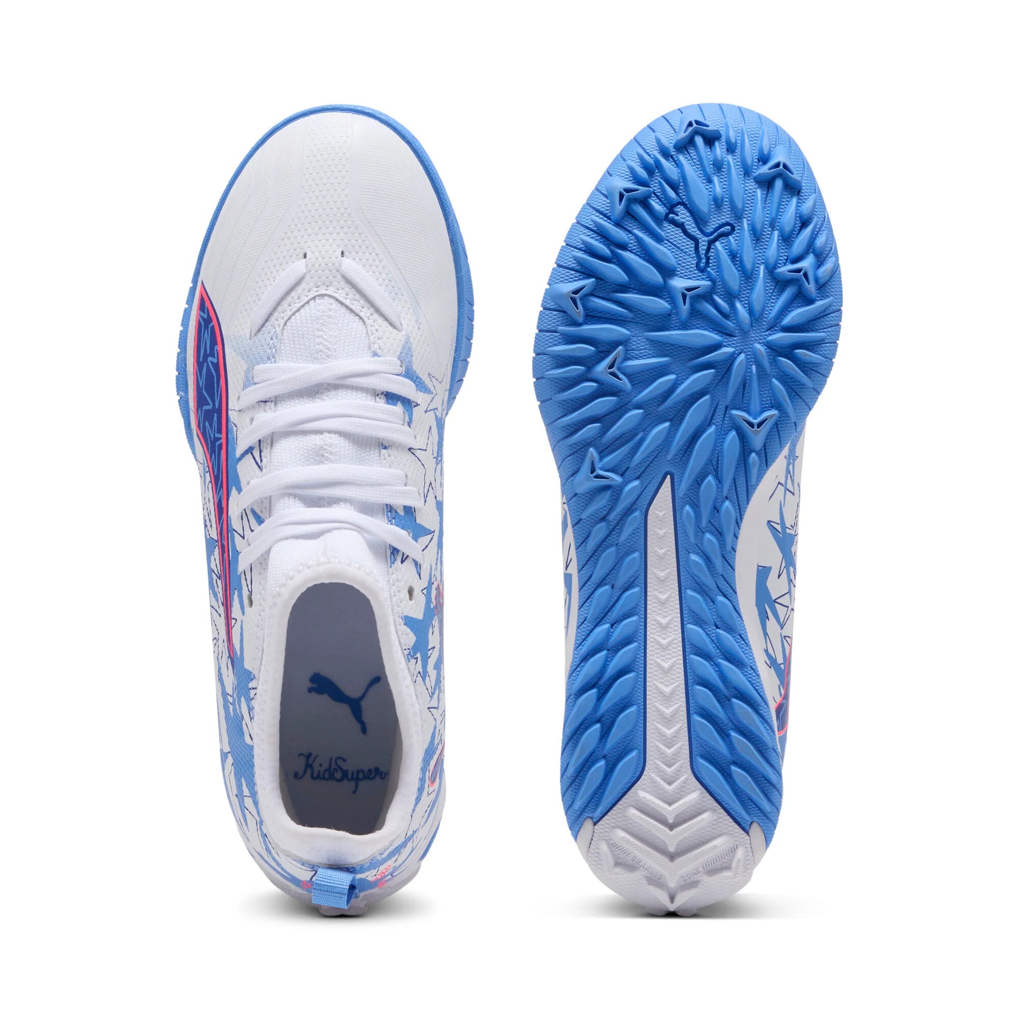 PUMA Ultra 6 Match KidSuper X CP TT Mid Turf Youth Soccer Cleats White Pink Blue
