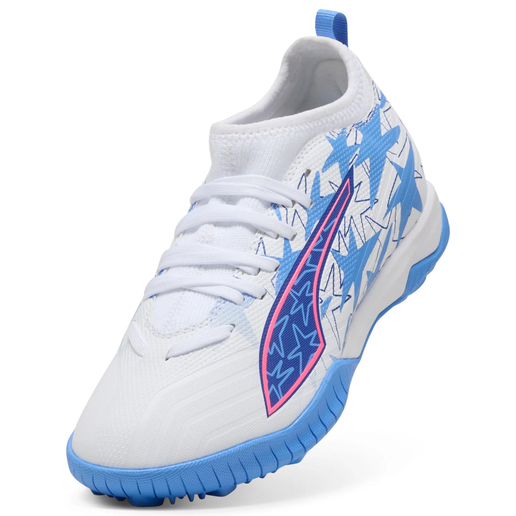 PUMA Ultra 6 Match KidSuper X CP TT Mid Turf Youth Soccer Cleats White Pink Blue