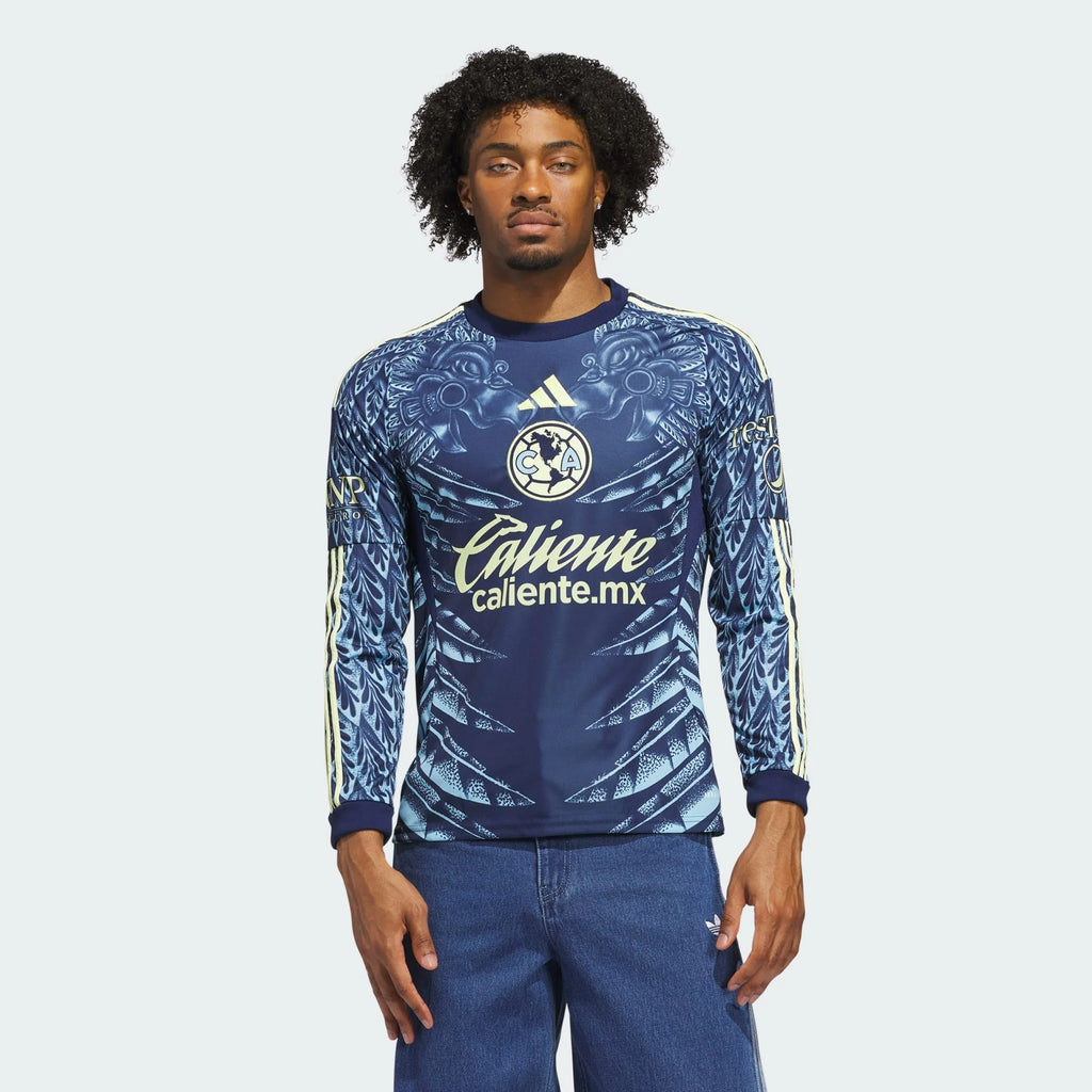 adidas Club América Long Sleeve Mens Away Soccer Jersey 25 26 Blue