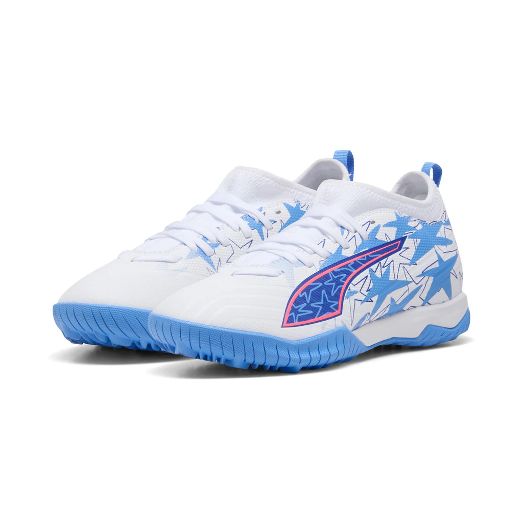 PUMA Ultra 6 Match KidSuper X CP TT Mid Turf Youth Soccer Cleats White Pink Blue