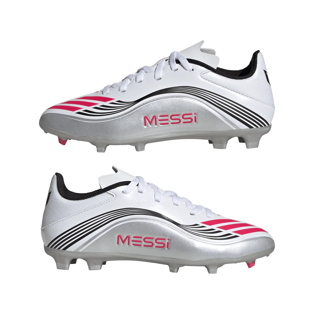 adidas F50 Messi League Firm Multi Ground Youth Soccer Cleats White Red Silver