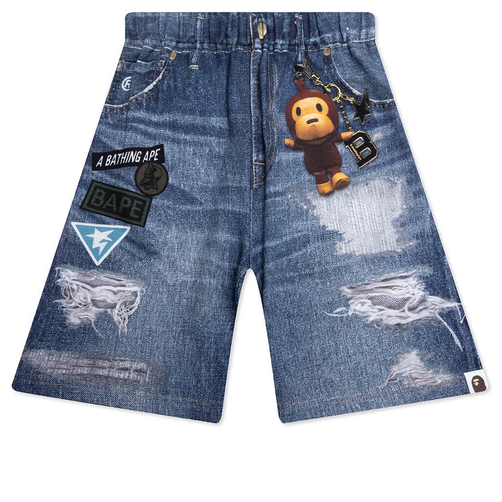 Kids Bape Denim Print Sweat Shorts Navy