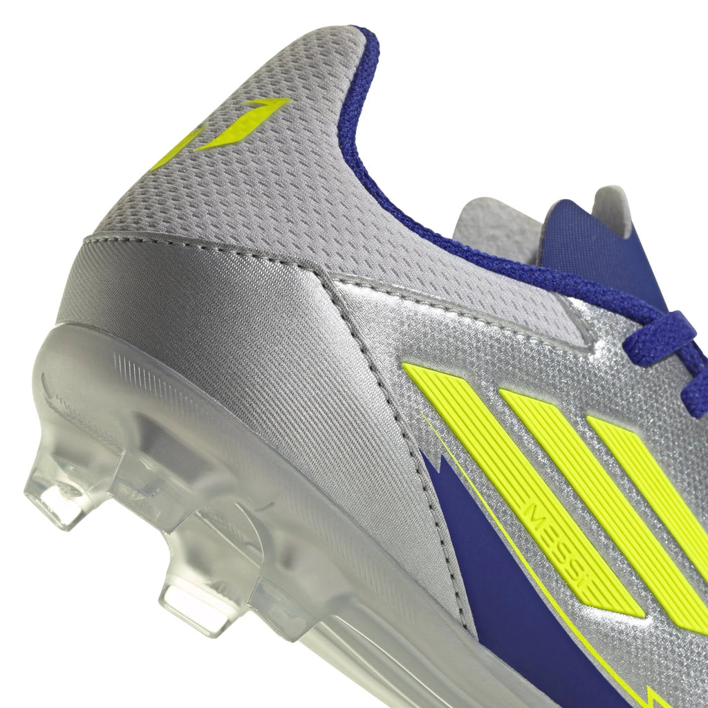 adidas F50 League Messi Firm Multi Ground Boots Junior Silver Metallic Solar Yellow Lucid Blue