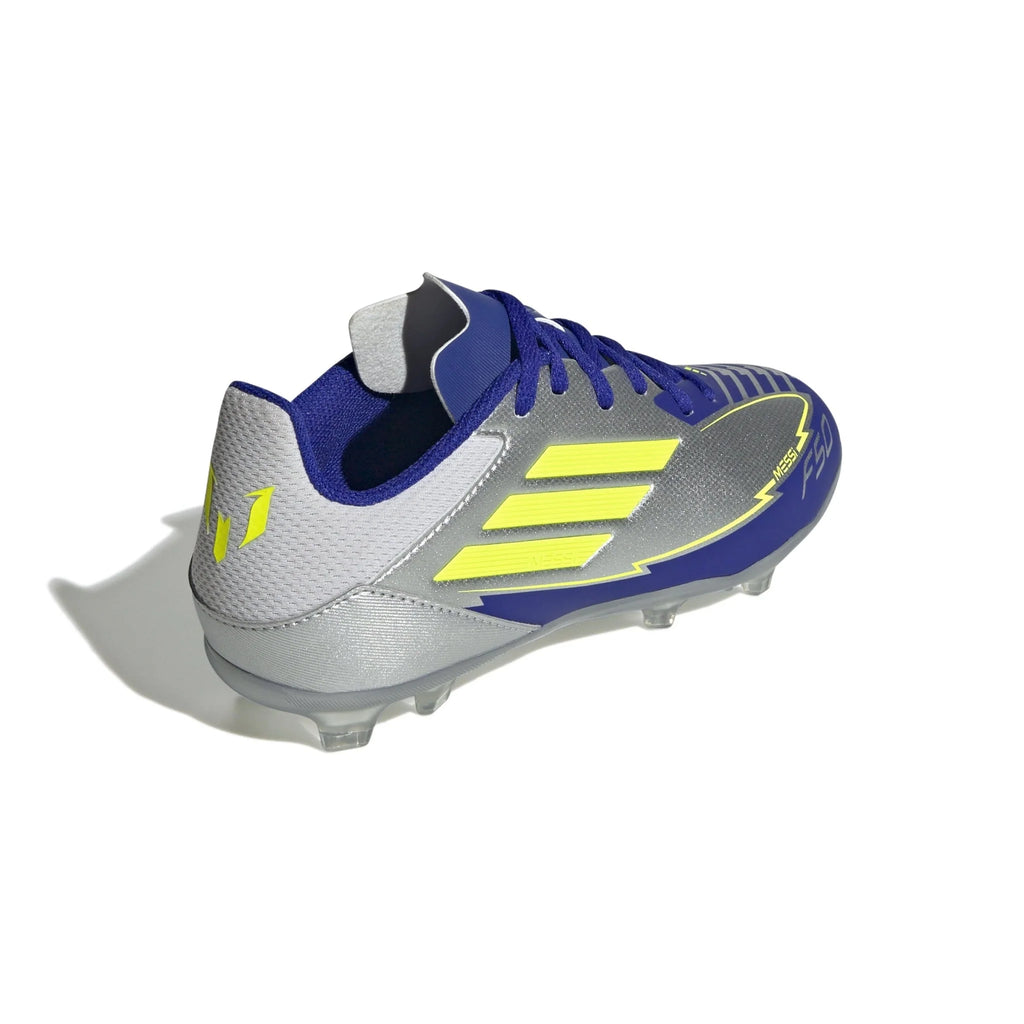adidas F50 League Messi Firm Multi Ground Boots Junior Silver Metallic Solar Yellow Lucid Blue