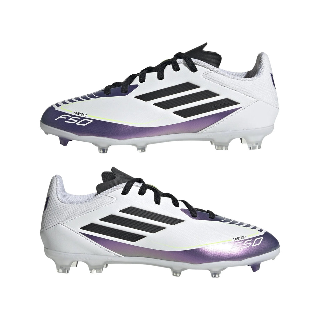 adidas Kids F50 League FG MG Messi Multi Ground Soccer Cleats White Black Purple