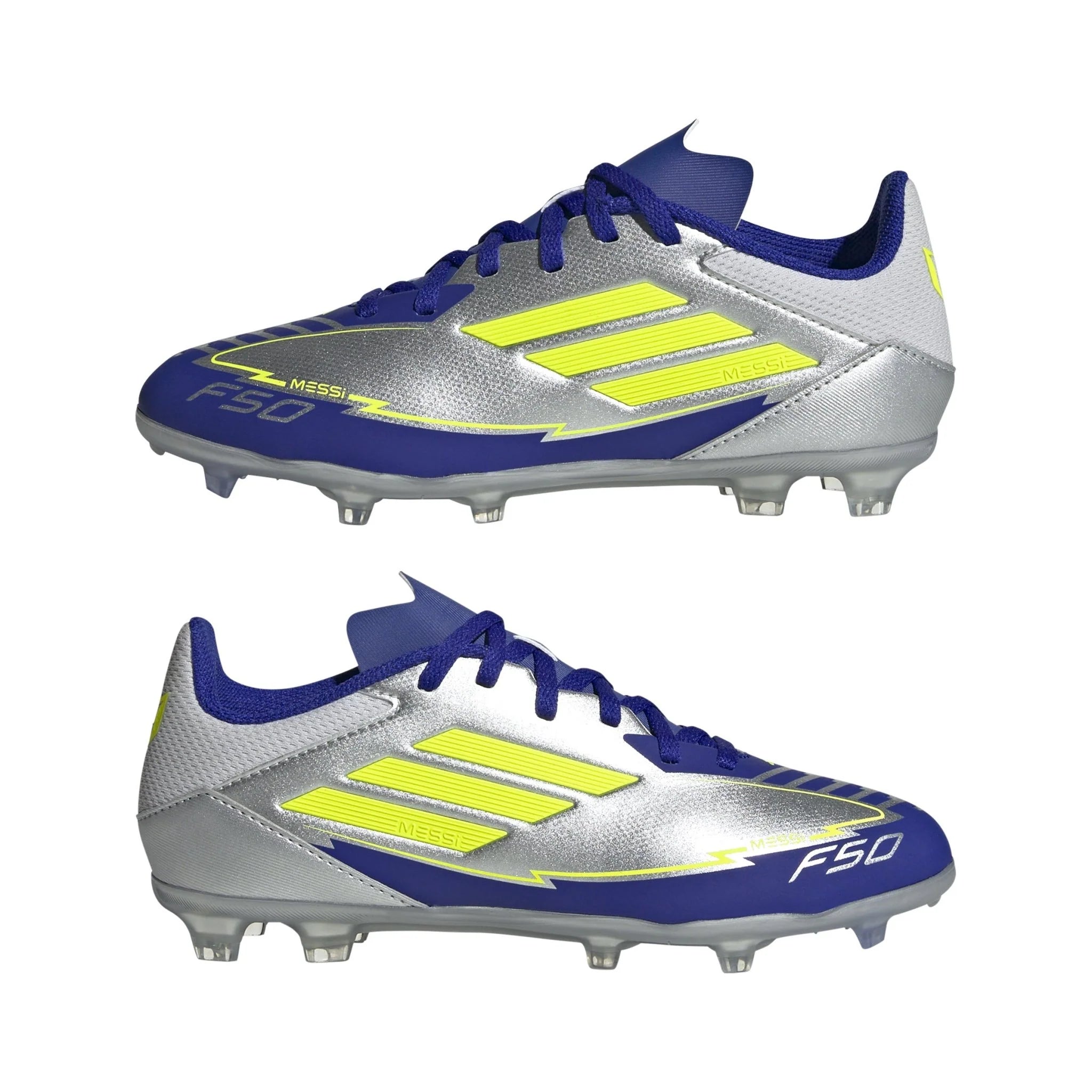 adidas F50 League Messi Firm Multi Ground Boots Junior Silver Metallic Solar Yellow Lucid Blue